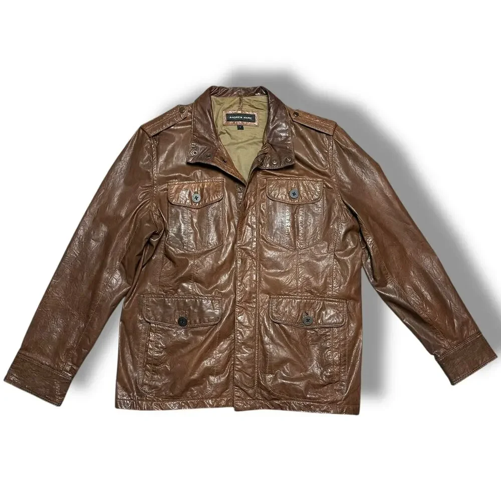 Andrew Marc Brown Leather Utility Moto Chore Jacket Mackinaw Style Sz L - Picture 6 of 10
